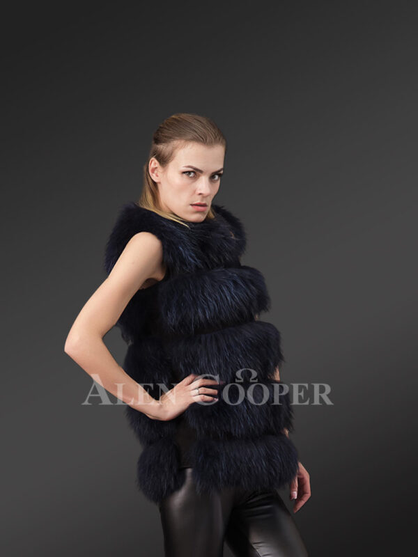 Women’s super stylish sleeveless 5 paragraph real fox fur super warm winter vest In Navy New Side view
