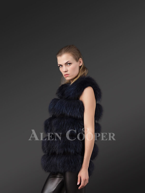 Women’s super stylish sleeveless 5 paragraph real fox fur super warm winter vest In Navy New Side views