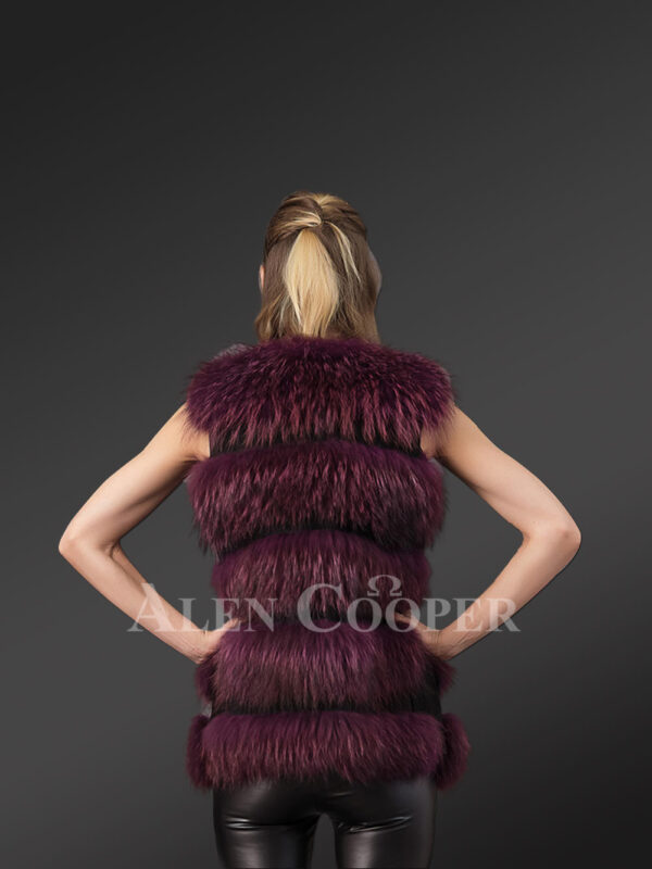 Women’s super stylish sleeveless 5 paragraph real fox fur super warm winter vest In Wine New Back view
