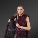 Women’s super stylish sleeveless 5 paragraph real fox fur super warm winter vest In Wine New view
