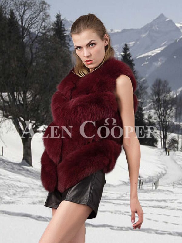 Women’s super stylish v ending 4 paragraph real fox fur real warm winter vest side view