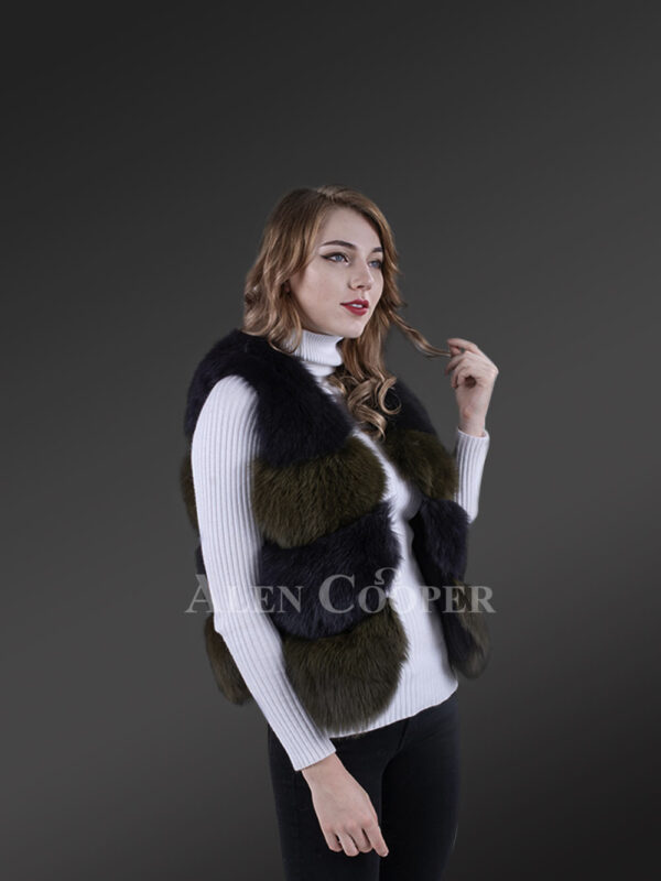 Women’s super warm and trendy bi-color real fur winter vest new side view