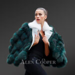 Women’s teal-white real fox fur oversized winter coat with turn down collar new view