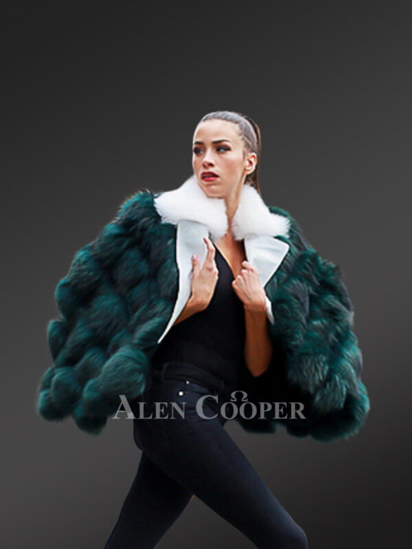Women’s teal-white real fox fur oversized winter coat with turn down collar new view