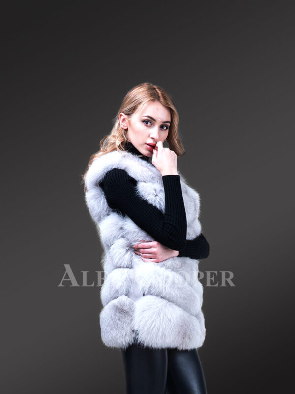 Women’s trendy 6 rows real fox fur paragraph winter vest in white hue new sideview