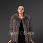 Beautiful vibrant red real fox fur super warm and stylish winter outerwear for women in gray