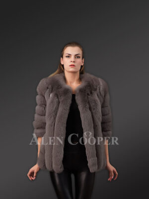 Beautiful vibrant red real fox fur super warm and stylish winter outerwear for women in gray