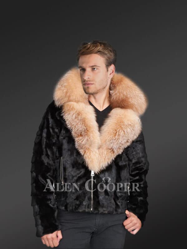 Men soft and warm black mink fur short winter jacket with comfy fox fur collar and hood new
