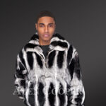 Mens black-white stripe real rabbit fur bomber jacket with wide stand up collar new
