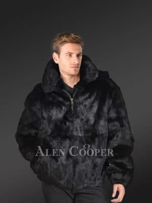 Men’s glossy black super warm and smooth real rabbit fur hooded bomber jacket new