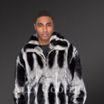 Men’s black-white stripe real rabbit fur bomber jacket with wide stand up collar new