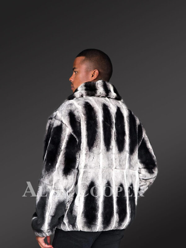 Men’s black-white stripe real rabbit fur bomber jacket with wide stand up collar new back side view