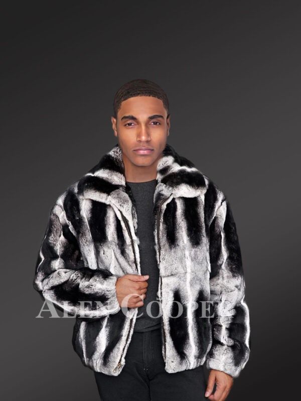Men’s black-white stripe real rabbit fur bomber jacket with wide stand up collar new view