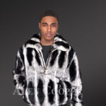Men’s black-white stripe real rabbit fur bomber jacket with wide stand up collar new views