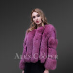 New Light purple cold shoulder sleeve real fox fur winter coat for women side view