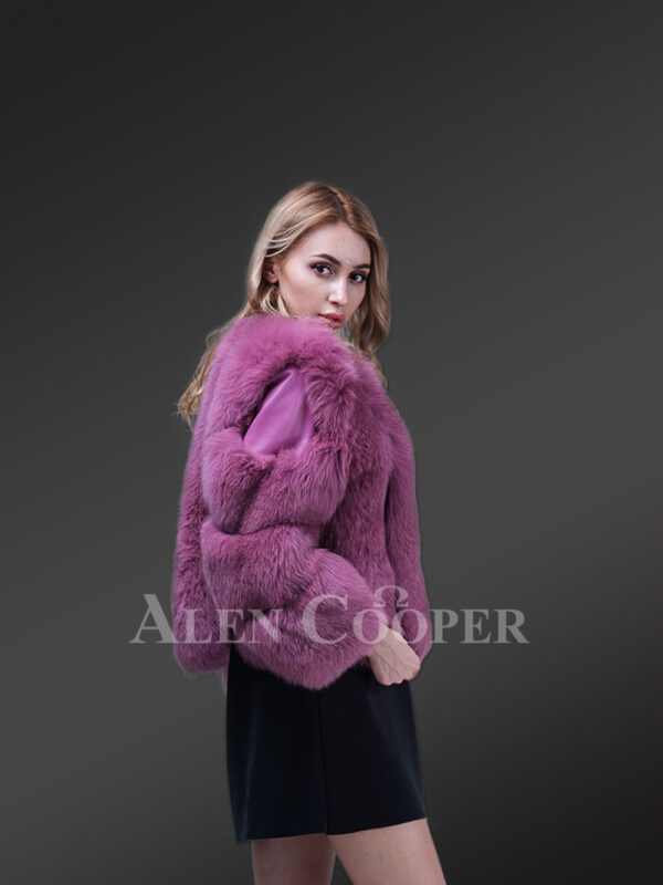 New Light purple cold shoulder sleeve real fox fur winter coat for women side views