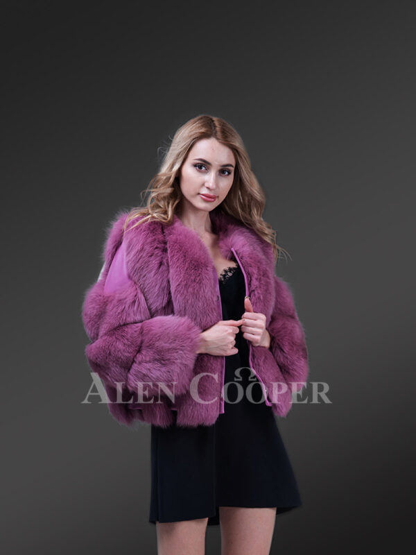 New Light purple cold shoulder sleeve real fox fur winter coat for women sideview