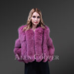 New Light purple cold shoulder sleeve real fox fur winter coat for womens