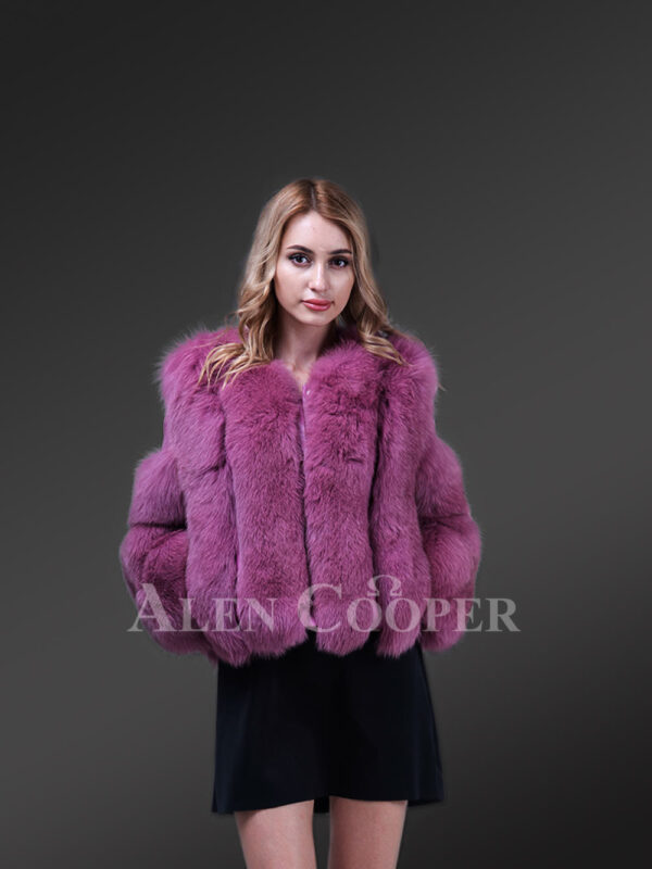 New Light purple cold shoulder sleeve real fox fur winter coat for womens