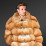 New Men’s caramel brown genuine fox fur paragraph warm winter coat