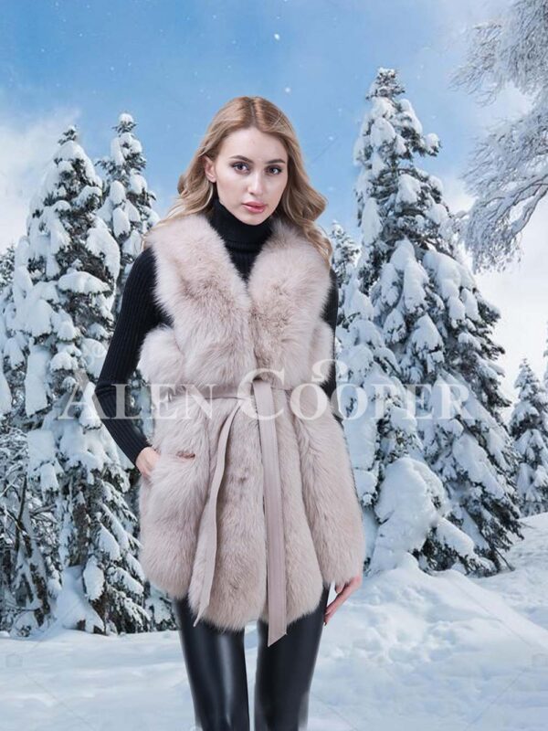 Women super soft and warm genuine fox fur winter vest with waist belt