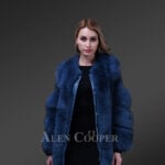 Womens bright blue real fox fur winter coat with cold shoulder flexible sleeves new