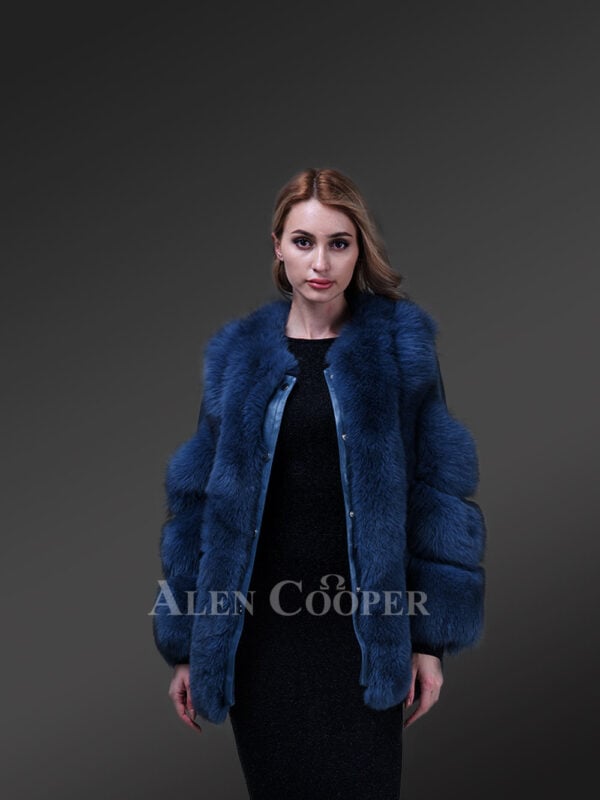 Womens bright blue real fox fur winter coat with cold shoulder flexible sleeves new