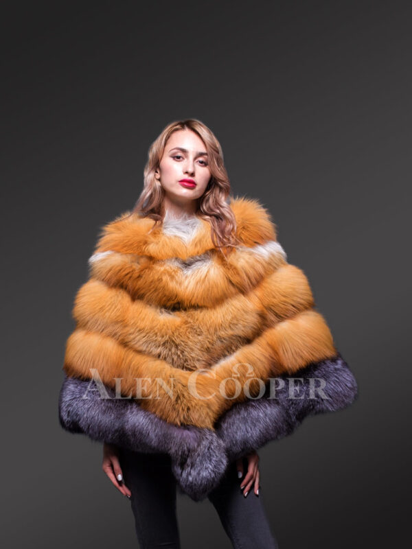 Womens stylish and unique triangular poncho style multi-color real fur winter coat new