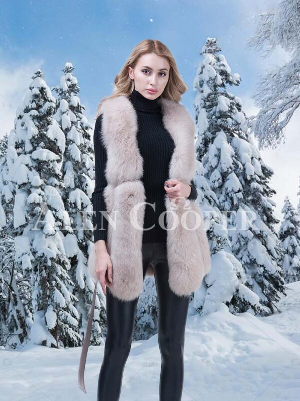Womens super soft and warm genuine fox fur winter vest with waist belt