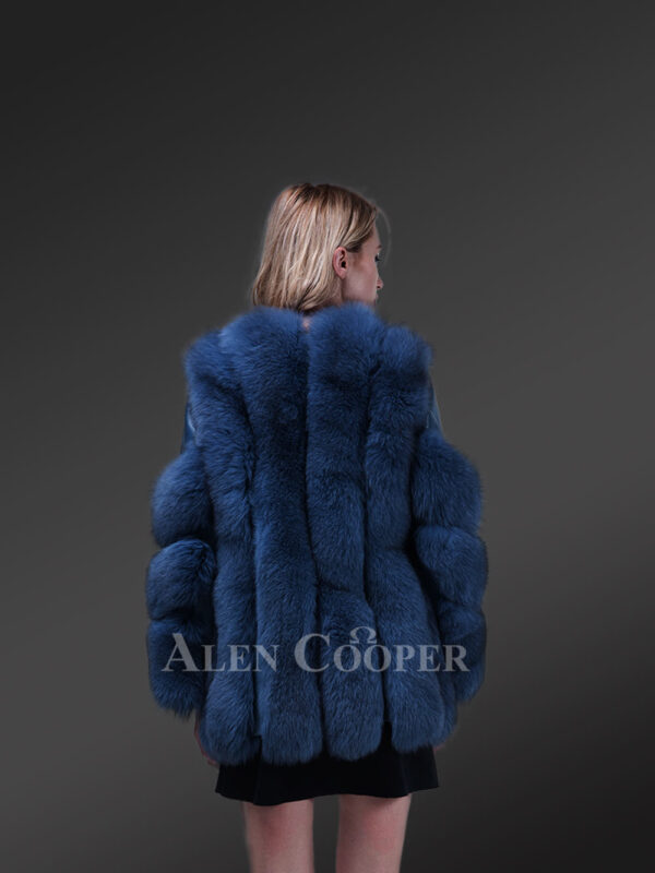 Women’s bright blue real fox fur winter coat with cold shoulder flexible sleeves new back side view