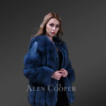 Women’s bright blue real fox fur winter coat with cold shoulder flexible sleeves new side view