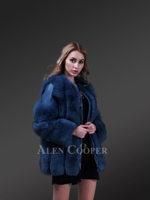 Women’s bright blue real fox fur winter coat with cold shoulder flexible sleeves new side view