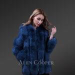 Women’s bright blue real fox fur winter coat with cold shoulder flexible sleeves new side views