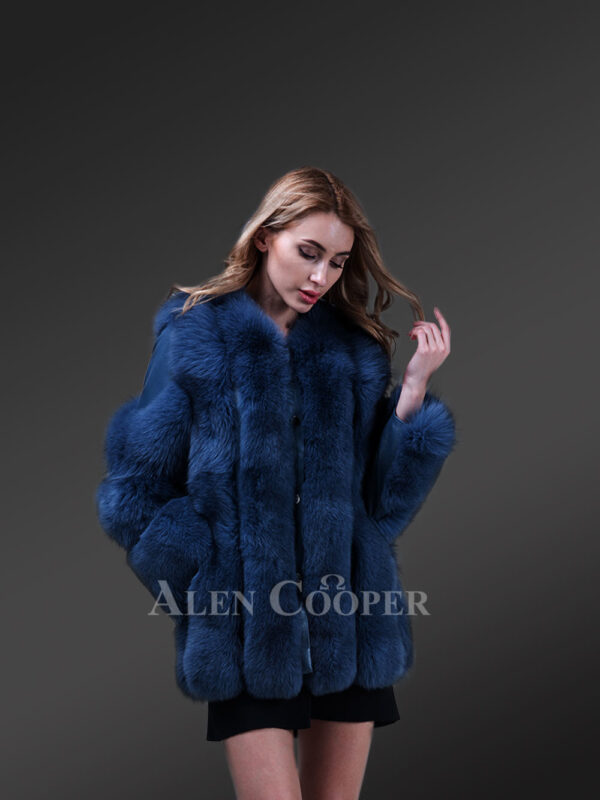 Women’s bright blue real fox fur winter coat with cold shoulder flexible sleeves new side views