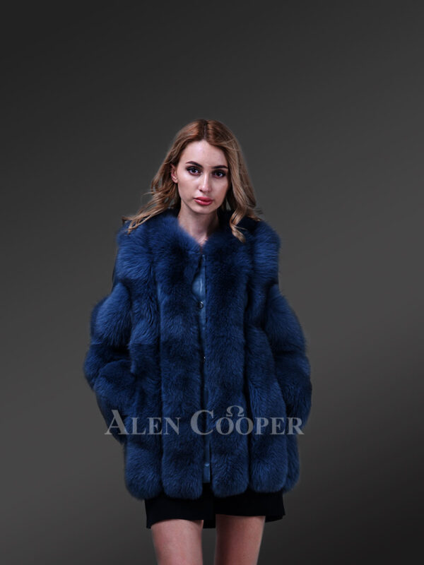 Women’s bright blue real fox fur winter coat with cold shoulder flexible sleeves new view