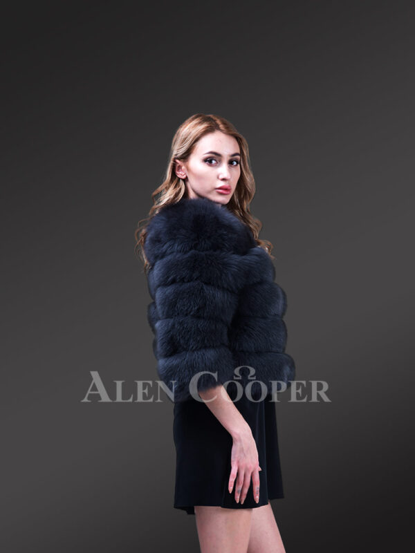 Women’s short and stylish real fox fur super warm paragraph winter coat in Navy new side views