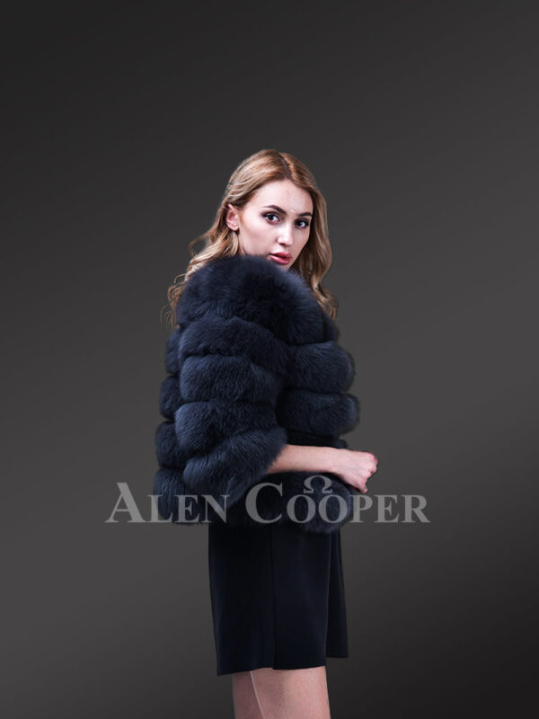 Women’s short and stylish real fox fur super warm paragraph winter coat in Navy new sideview