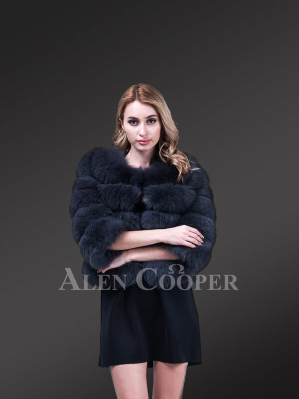 Women’s short and stylish real fox fur super warm paragraph winter coat in Navy new view