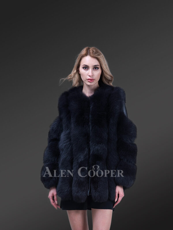 Women’s short and stylish real fox fur winter coat with cold shoulder sleeves new