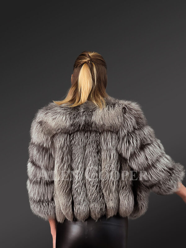 Women’s short and stylish real silver fox fur winter coat with unique collar new Back side view