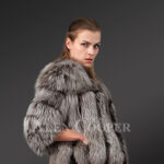 Women’s short and stylish real silver fox fur winter coat with unique collar new side view