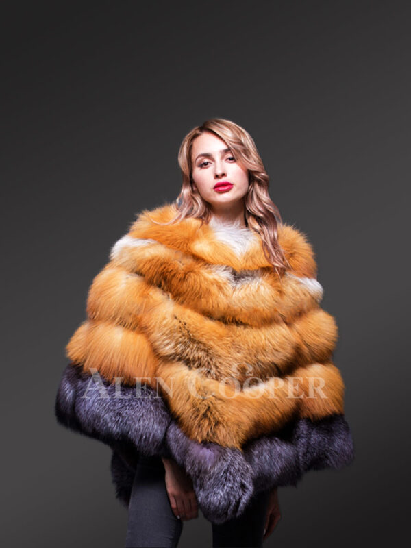 Women’s stylish and unique triangular poncho style multi-color real fur winter coat new view
