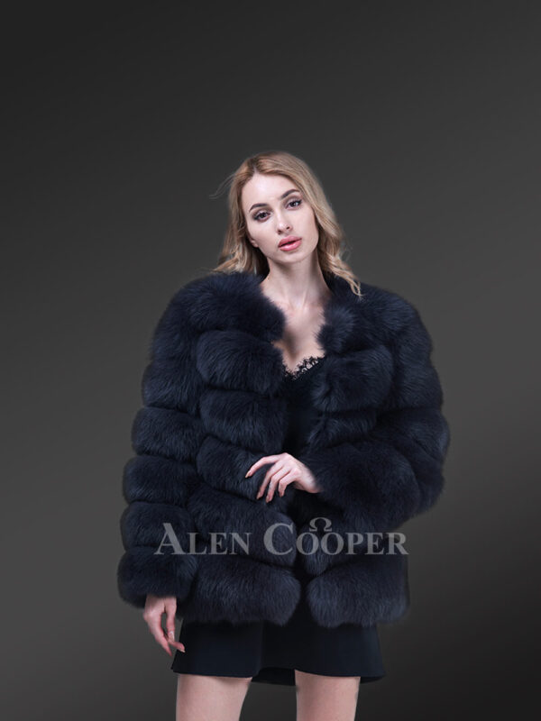 Women’s stylish coal black real fox fur paragraph winter coat new