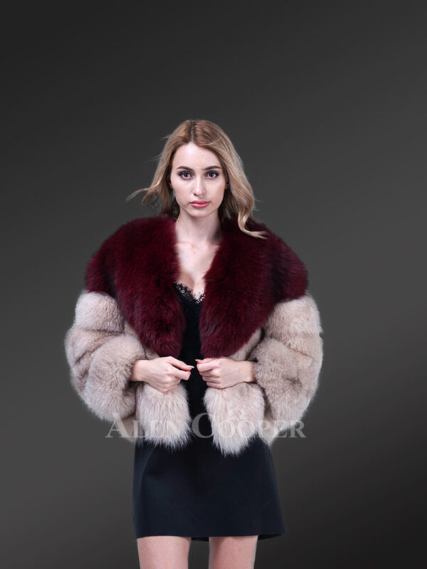 Women’s stylish v cut neck real fox fur bi-color winter outerwear new