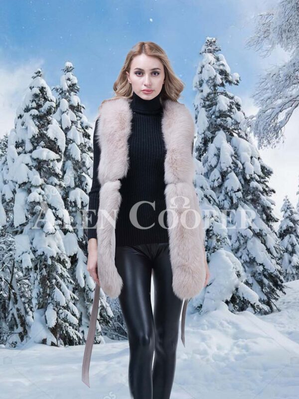Women’s super soft and warm genuine fox fur winter vest with waist belt