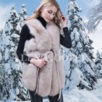 Women’s super soft and warm genuine fox fur winter vest with waist belt side view