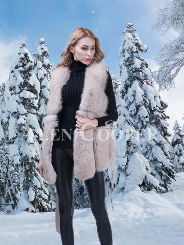 Women’s super soft and warm genuine fox fur winter vest with waist belt sideview