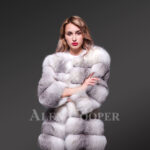 Women’s super stylish custom real fox fur paragraph winter coat in white-grey new