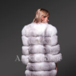Women’s super stylish custom real fox fur paragraph winter coat in white-grey new back side view
