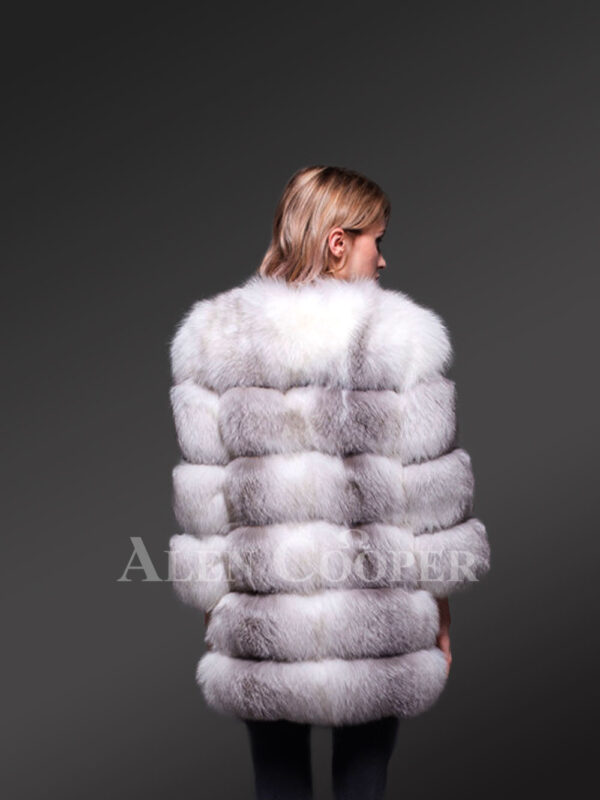 Women’s super stylish custom real fox fur paragraph winter coat in white-grey new back side view